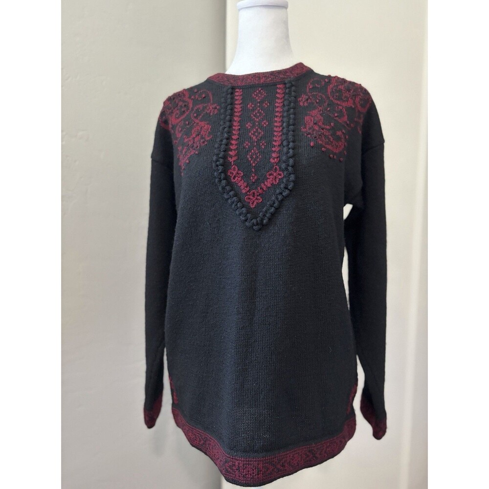 Vintage NOS Susan Bristol Wool Sweater 38 Hand Embroidered Folk 90s Black Red - Picture 10 of 12